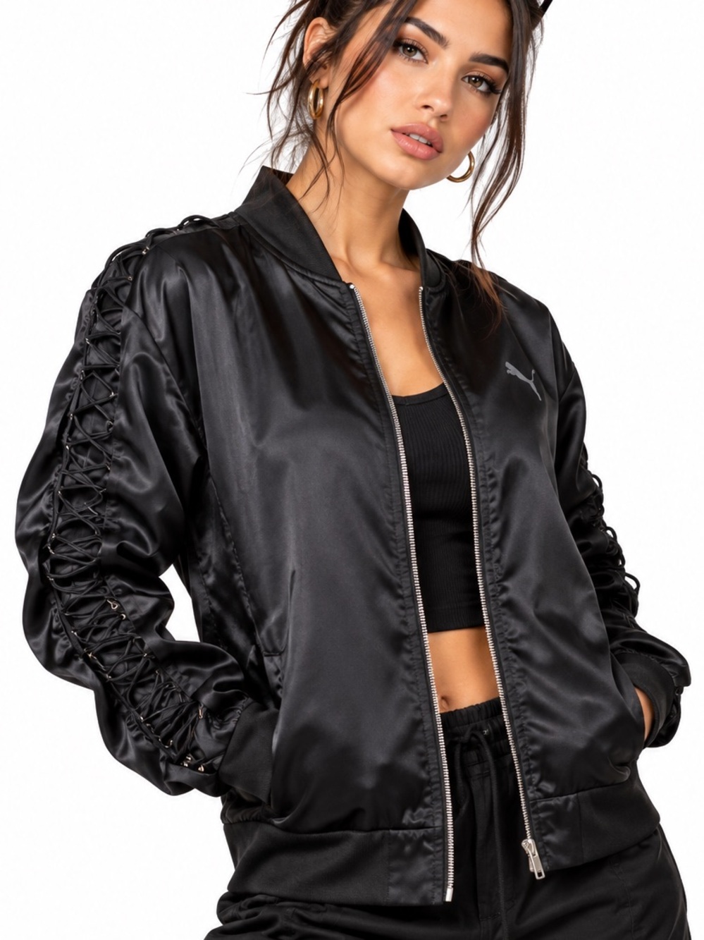 Puma Black Satin Bomber with Front Zip Lace up Sleeve Subtle Logo